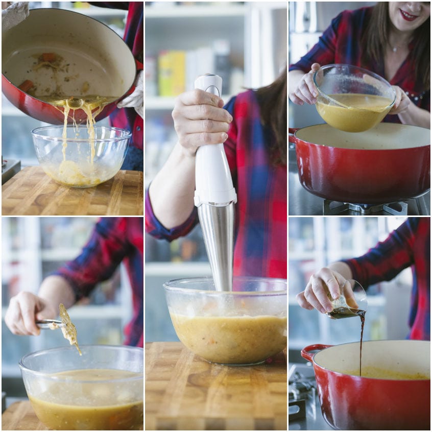 Verdure e fondo di cottura frullati con un mixer a immersione in una ciotola