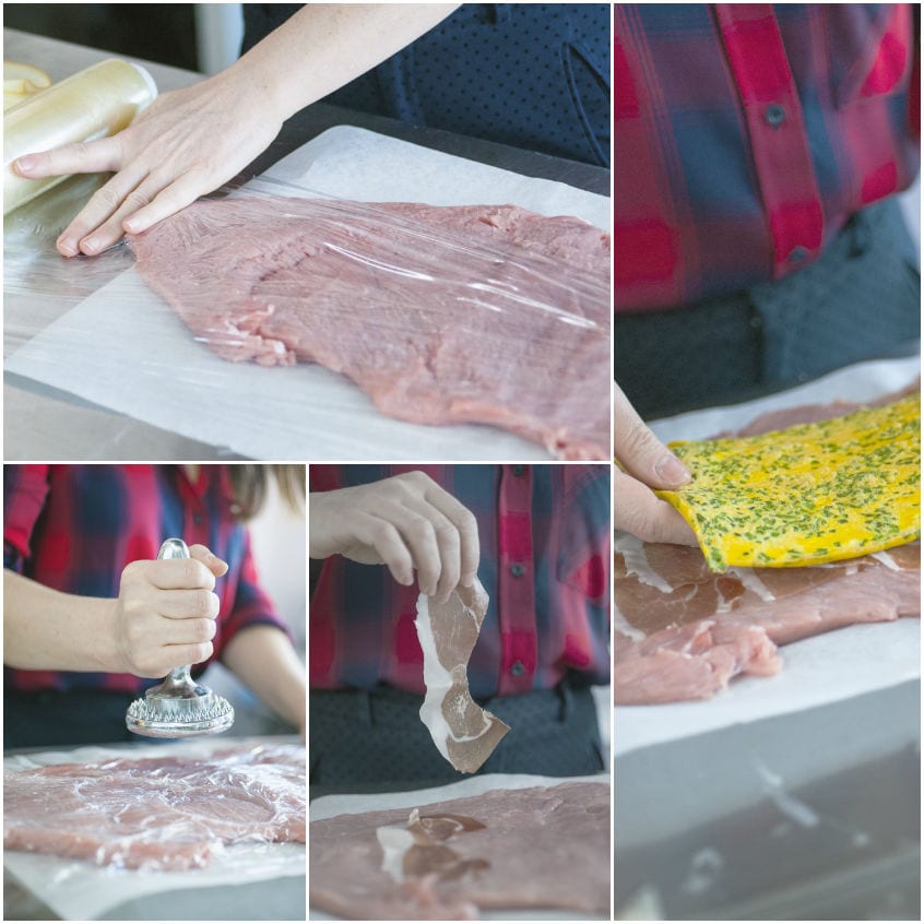 Fette di prosciutto crudo disposte in fila con la frittata adagiata al centro