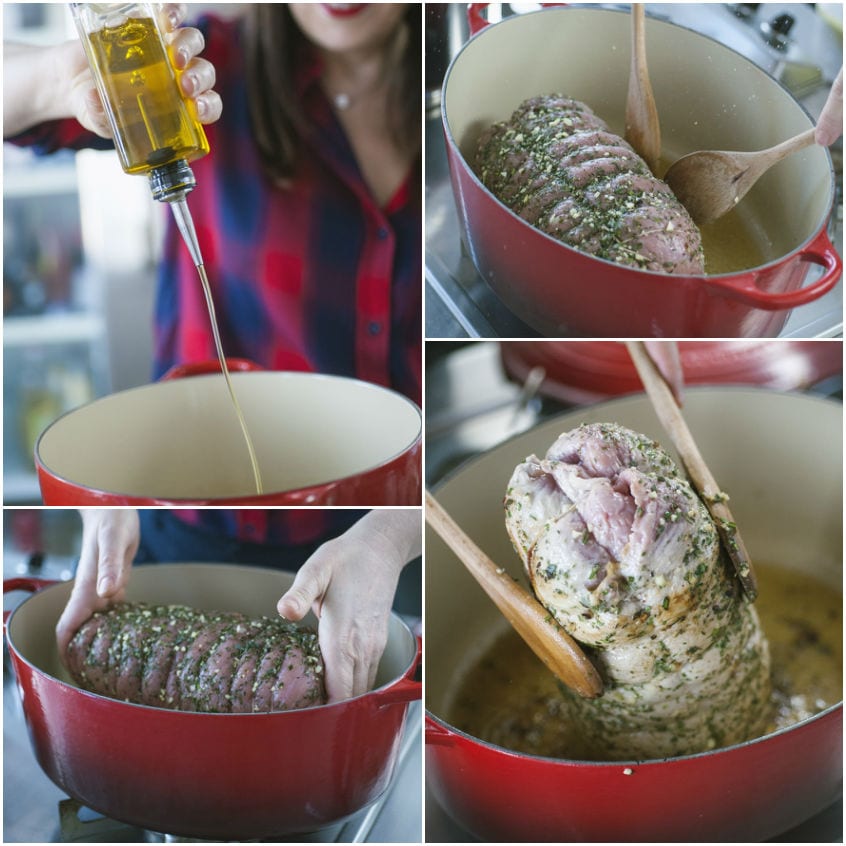 Arrotolato ripieno in cottura con carote, cipolle, sedano, salvia e alloro