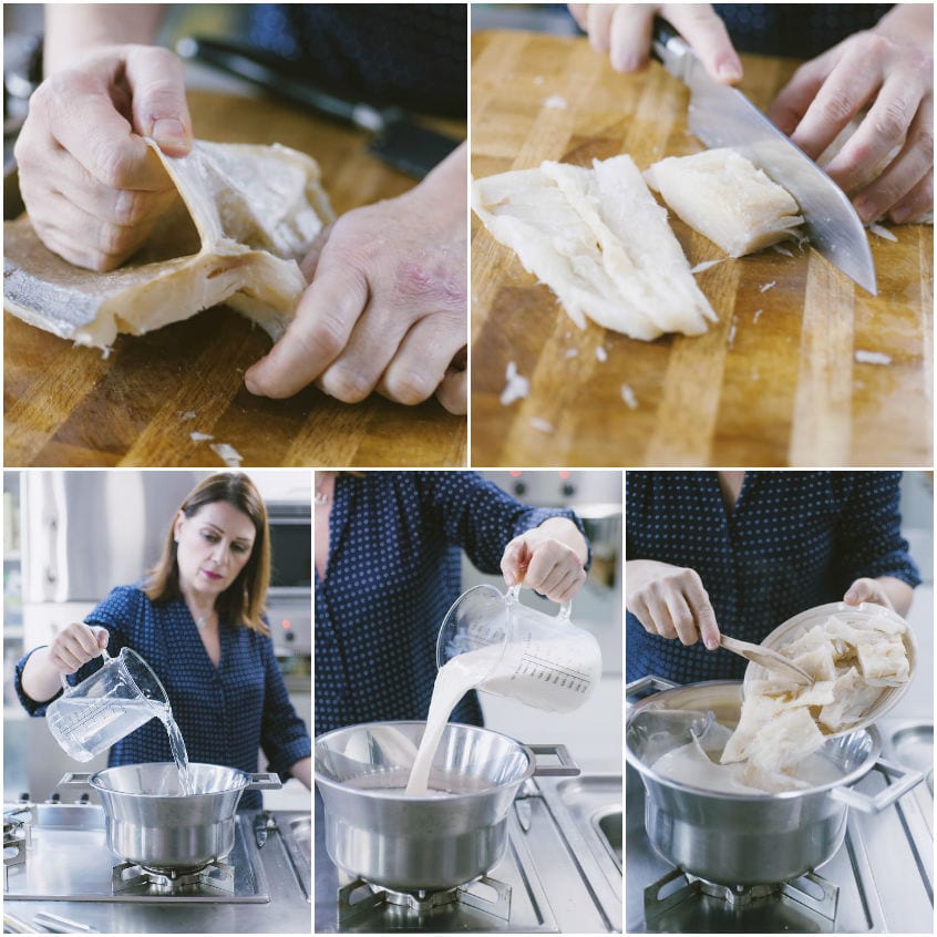 Stoccafisso spellato a mano, tagliato a tocchetti e poi immerso in latte e acqua per la cottura