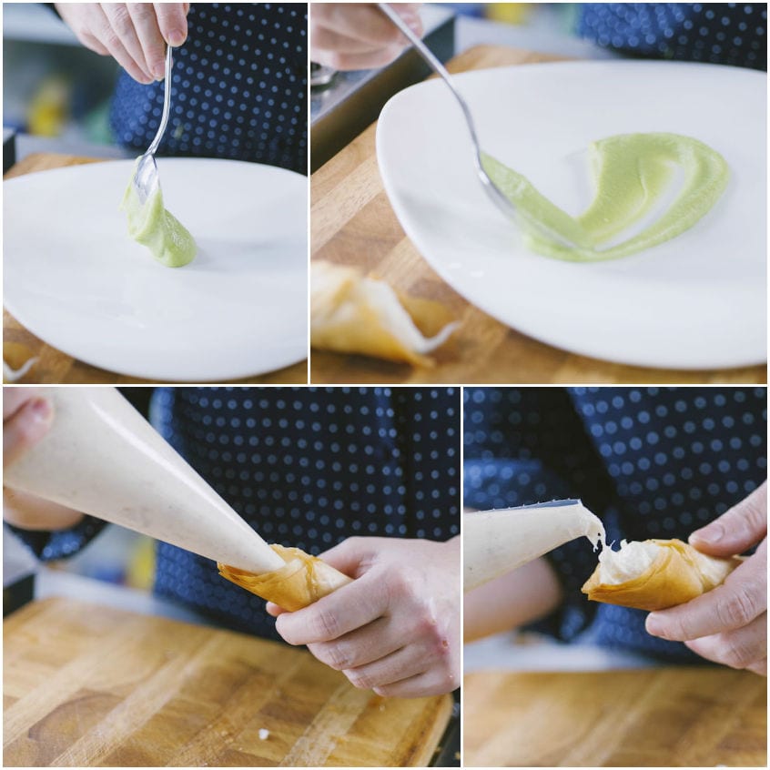 Crema verde stesa sul piatto con un cucchiaio e farcitura spremuta con sac à poche nei cannoli