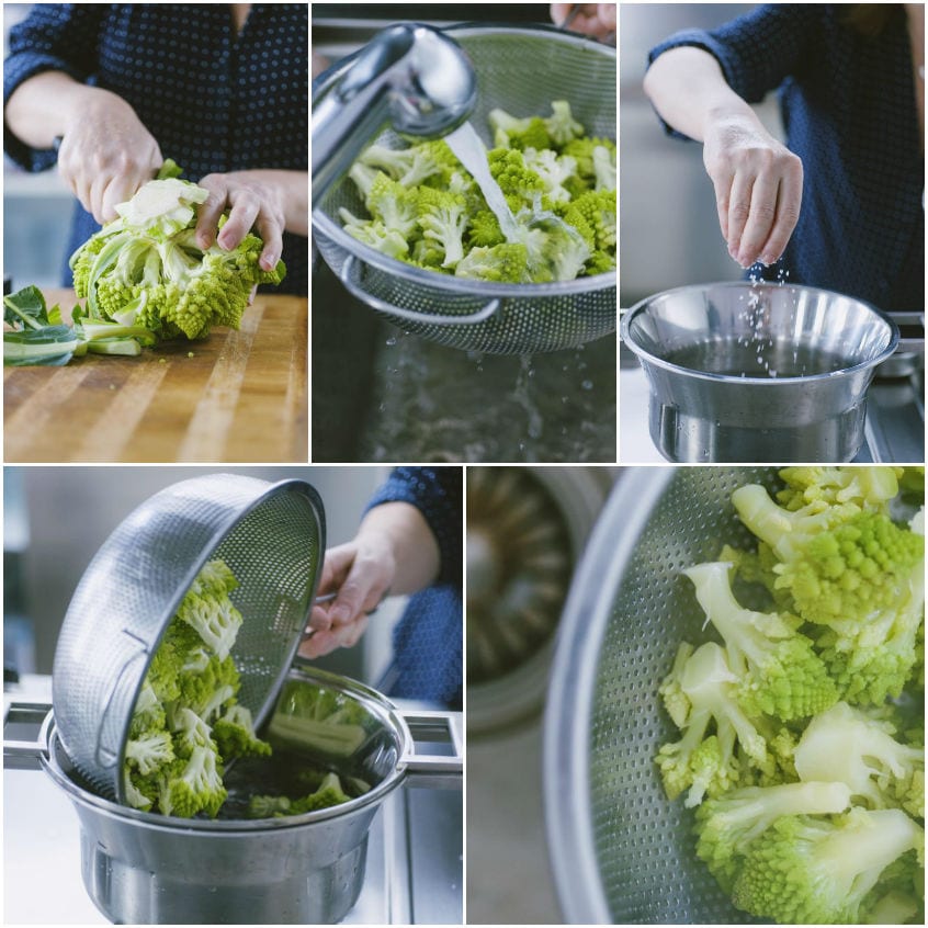 Cimette di broccolo romanesco tagliate, lavate e lessate in acqua salata