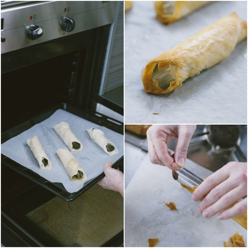 Cannoli di pasta fillo arrotolati sugli stampi, infornati e poi sfilati delicatamente a mano