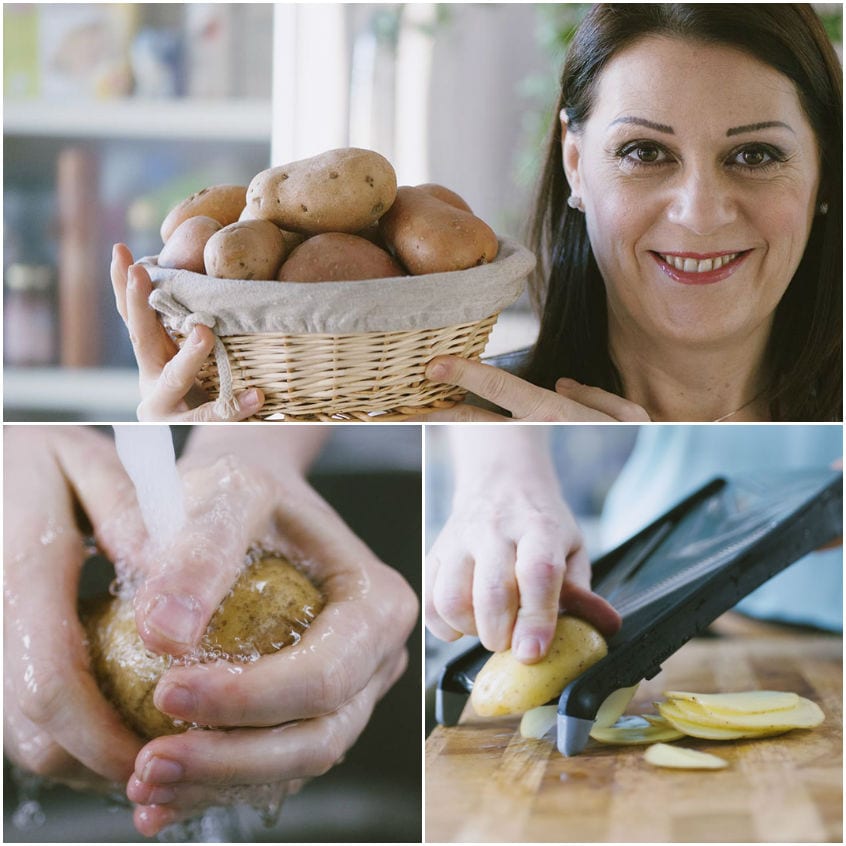 Patate lavate sotto l'acqua corrente e affettate con la mandolina, con la pelle