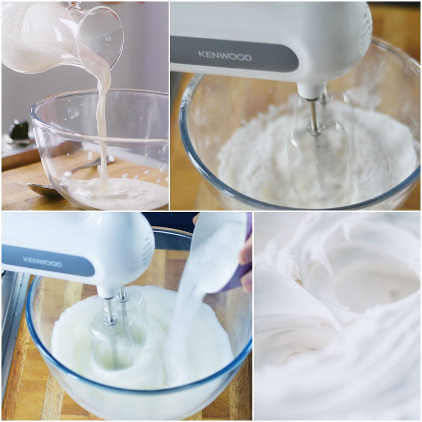 Panna versata in una ciotola e montata a neve con le fruste elettriche fino a ottenere una consistenza soffice