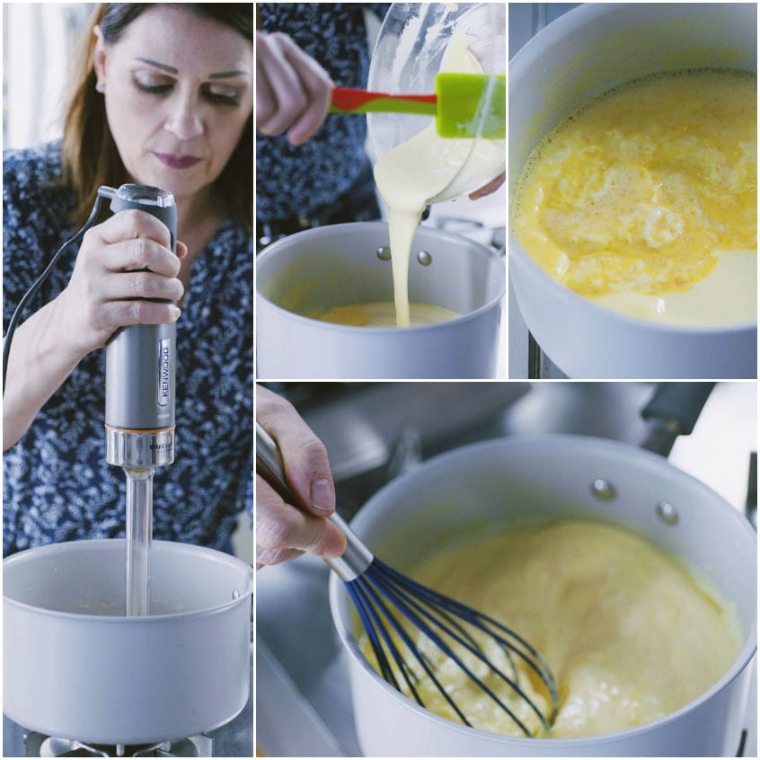 Passaggi per la crema pasticciera: frullatore a immersione, uova versate nel latte caldo e composto mescolato con la frusta