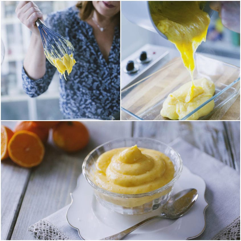 Crema pasticciera al mandarino versata densa in una pirofila per farla raffreddare