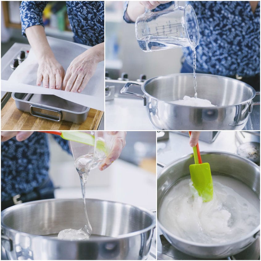 Preparazione dello sciroppo per il croccante con zucchero, acqua e glucosio in cottura