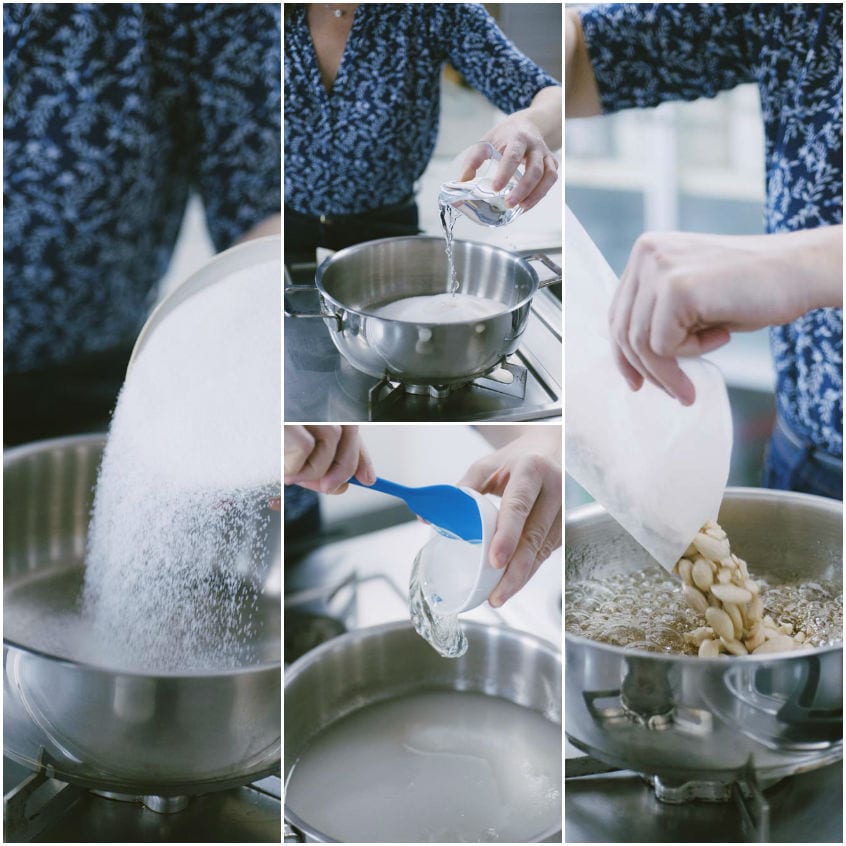 Zucchero versato in padella, sciroppo in pentolino e mandorle aggiunte al caramello