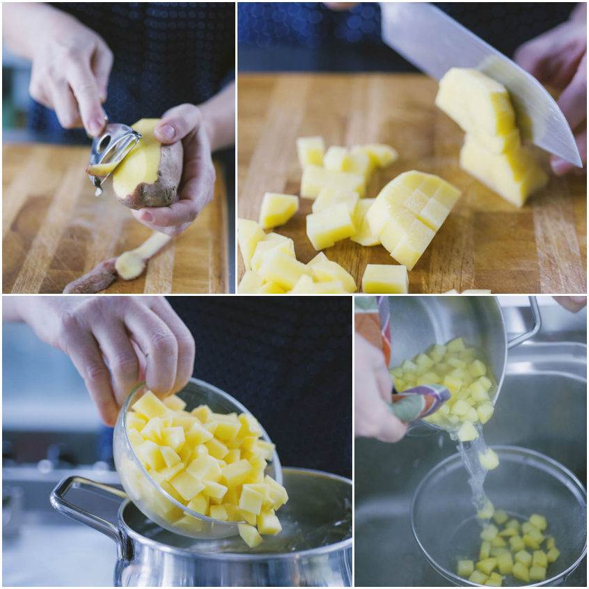 Patate pelate, tagliate a cubetti e versate in acqua bollente