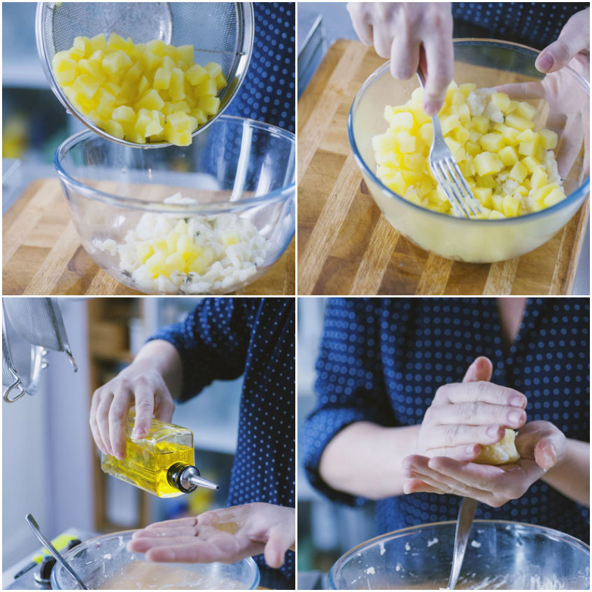 Patate lessate a cubetti unite al baccalà e schiacciate con una forchetta, poi l'impasto modellato a mano