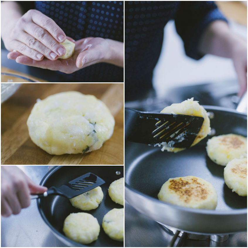 Miniburger di patate e baccalà formati a mano e rosolati in padella su entrambi i lati