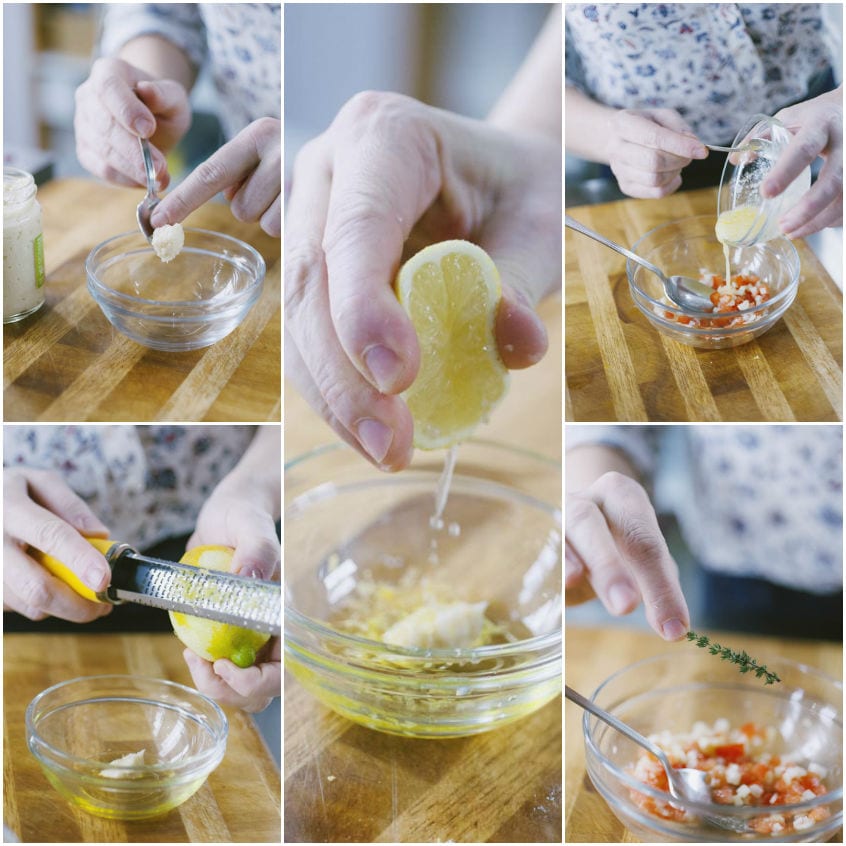 Preparazione di condimenti con limone spremuto, scorza grattugiata e verdure a cubetti in ciotoline