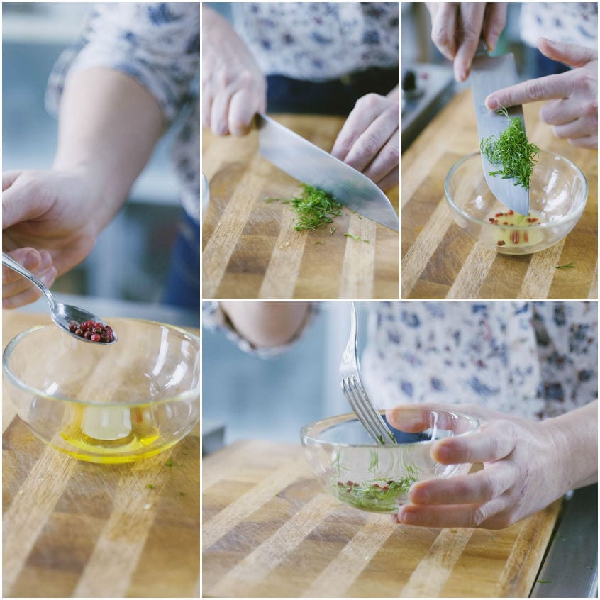 Aneto tritato al coltello unito a olio, limone e pepe rosa sbattuti con la forchetta