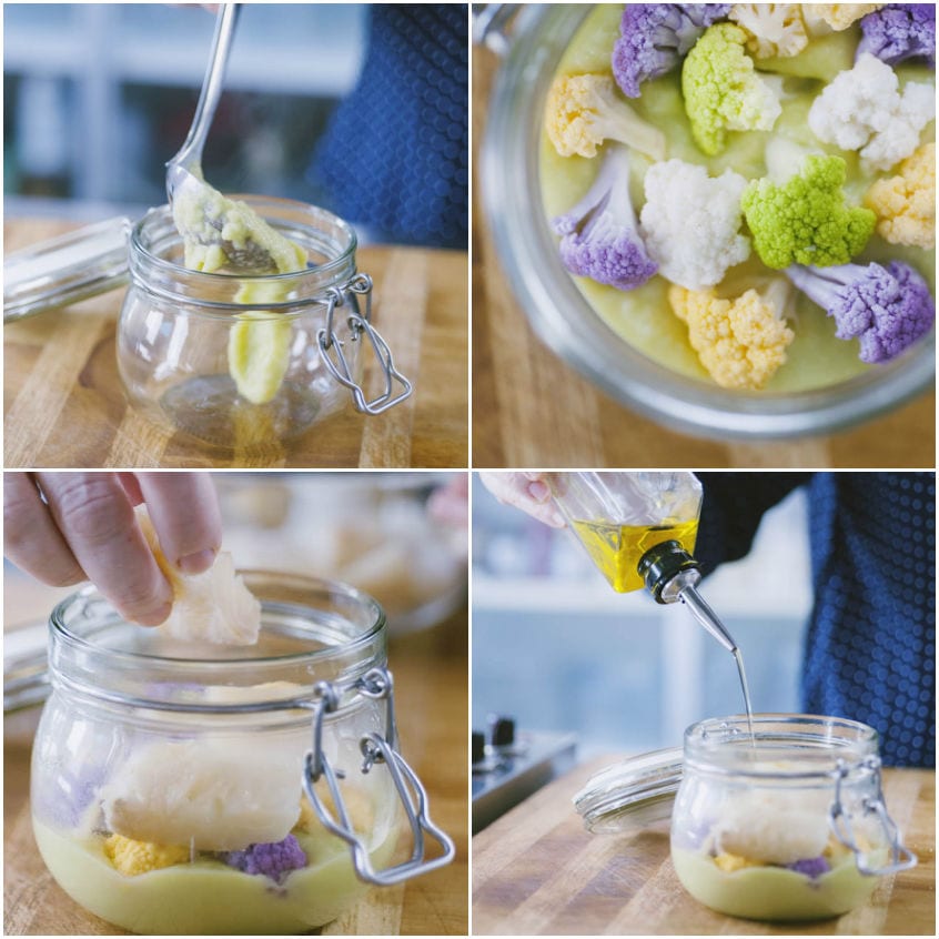 Vasetto con vellutata, cavolfiori colorati e stoccafisso: si versa un filo d'olio per completare