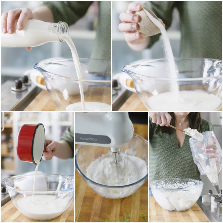 Preparazione della panna montata, dalla versata di panna liquida fino al trasferimento nella sac à poche