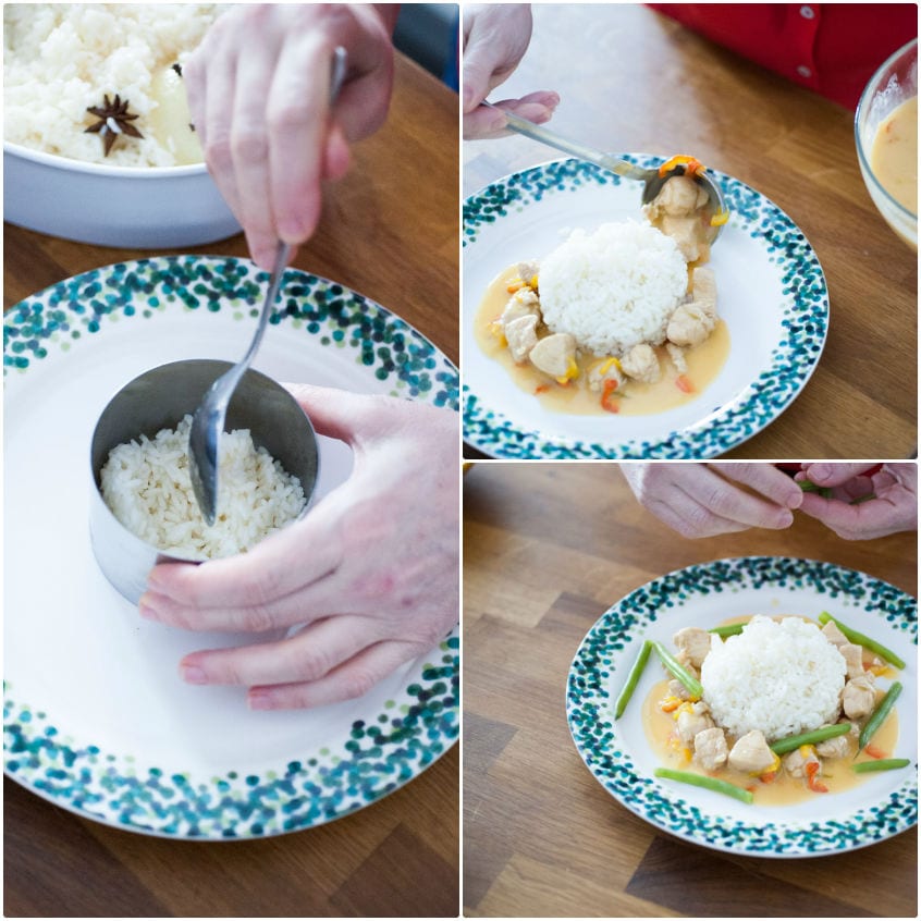 Riso pilaf compattato con uno stampino accanto a bocconcini di pollo al latte di cocco e fagiolini