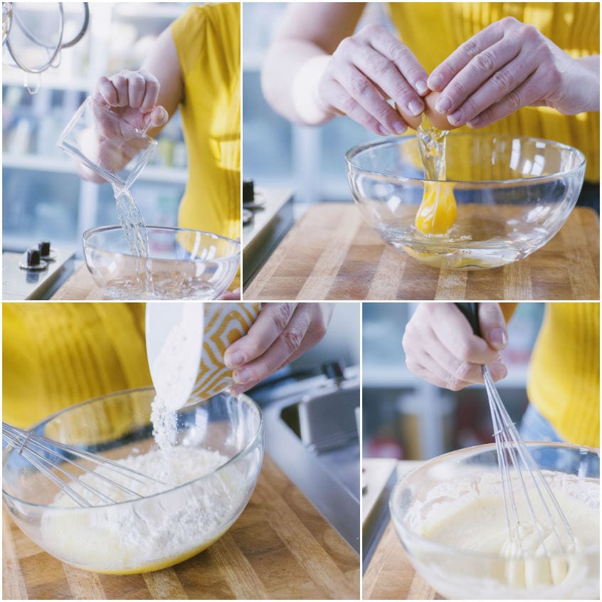 Preparazione della pastella con acqua, uovo e farina sbattuti insieme in una ciotola