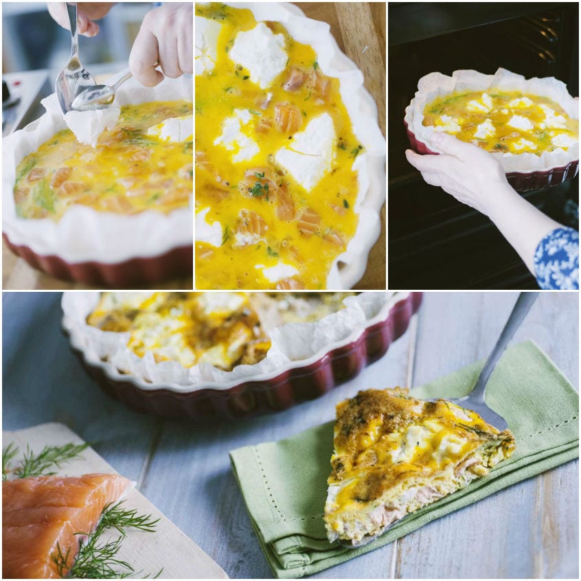 Fette di salmone e fiocchi di ricotta adagiati sull'uovo prima della cottura in forno