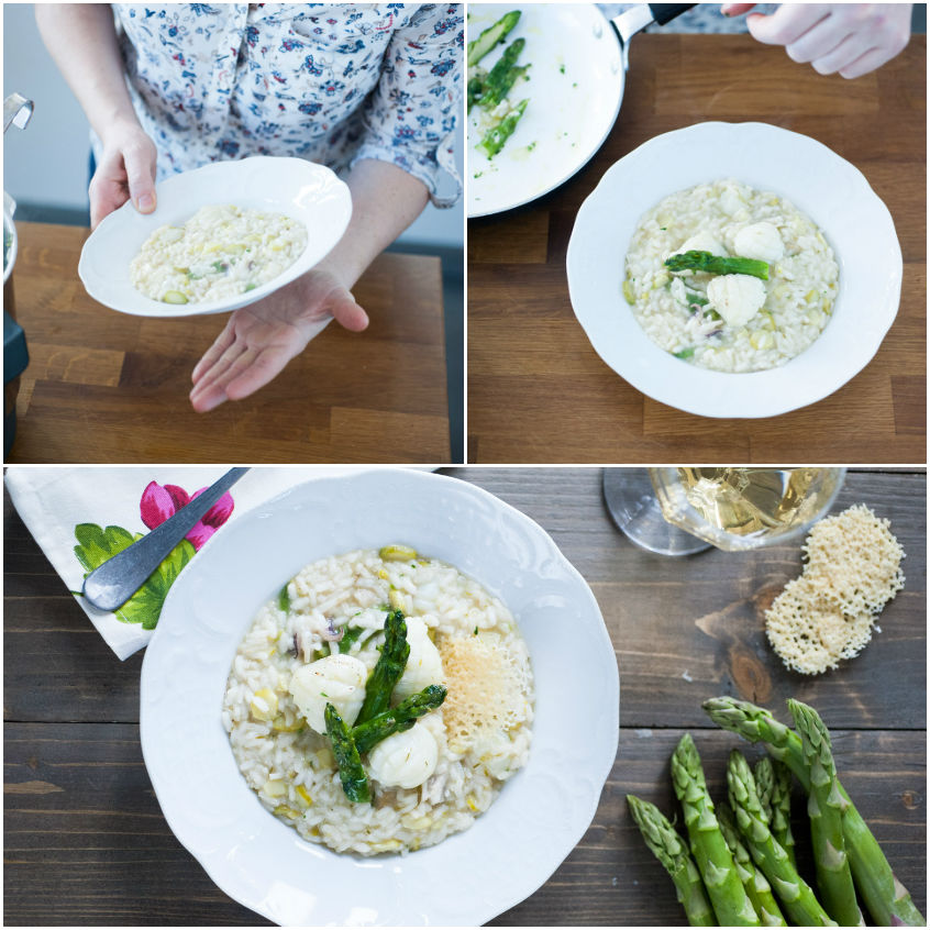 Risotto con asparagi e seppioline impiattato e guarnito con cialda croccante di grana