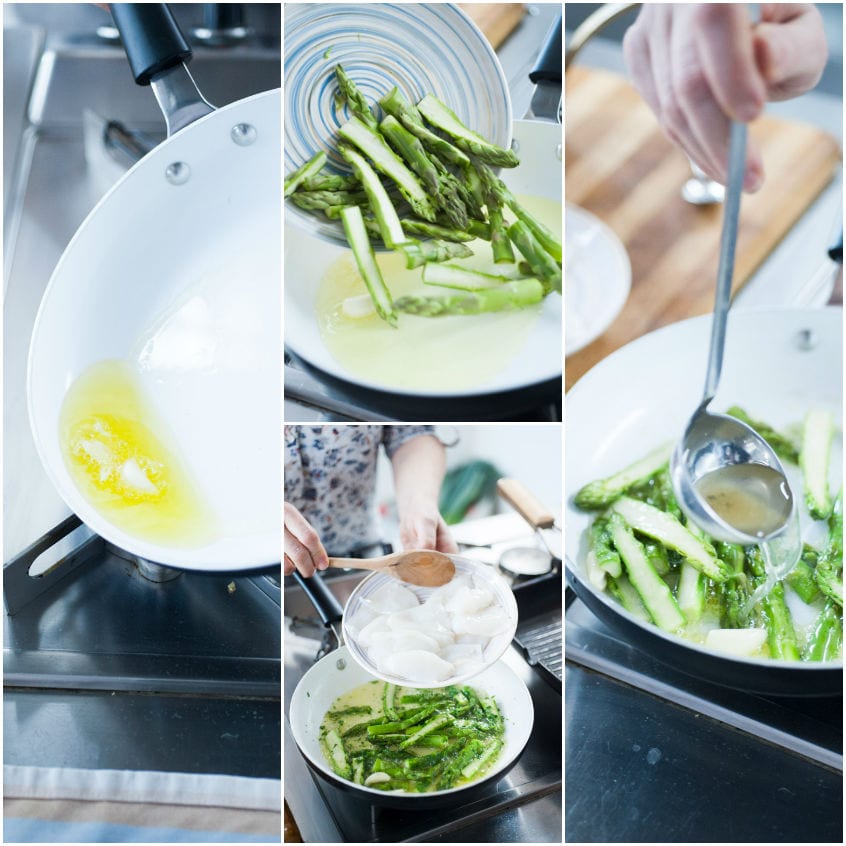 Punte di asparagi e seppioline saltate in padella con brodo versato a mestolo