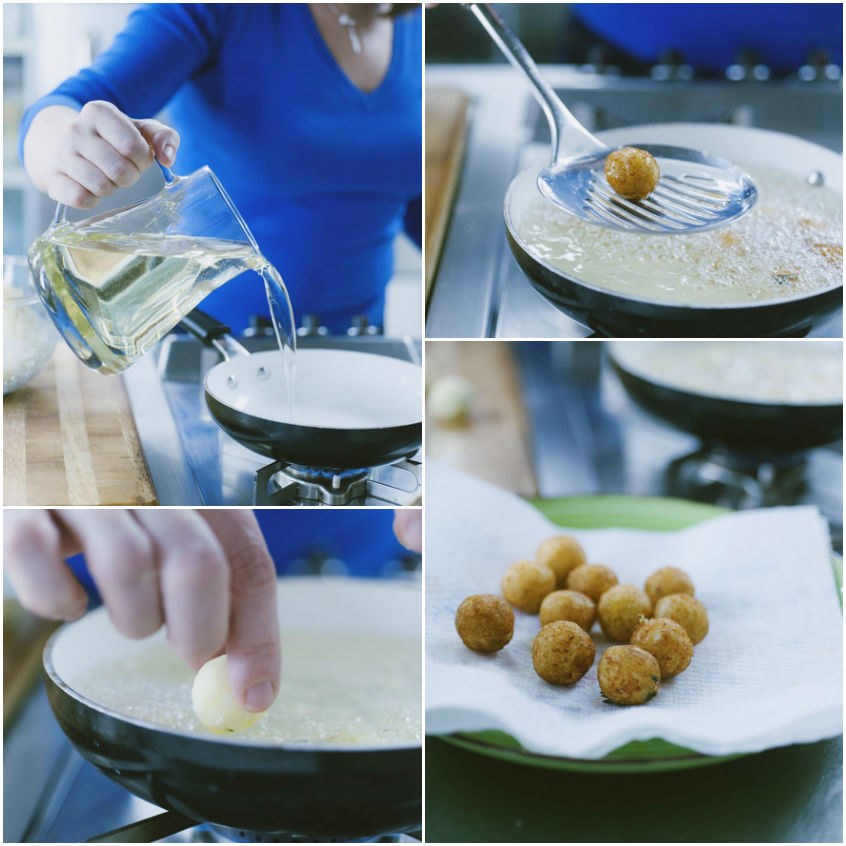 Polpettine di baccalà fritte in padella e scolate su carta assorbente