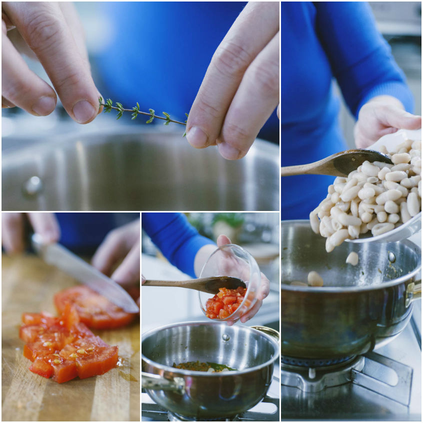 Sequenza di preparazione della vellutata: timo, pomodori a cubetti e fagioli cannellini versati in pentola