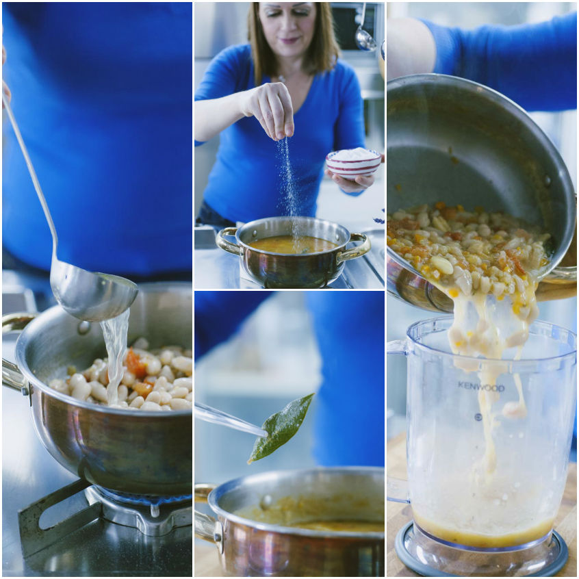 Fagioli cannellini cotti versati nel bicchiere del frullatore per preparare la vellutata