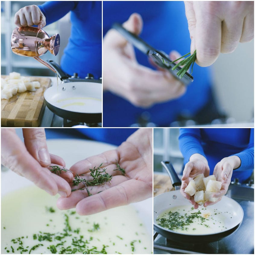 Olio, erbe aromatiche tritate e tocchetti di stoccafisso versati in padella