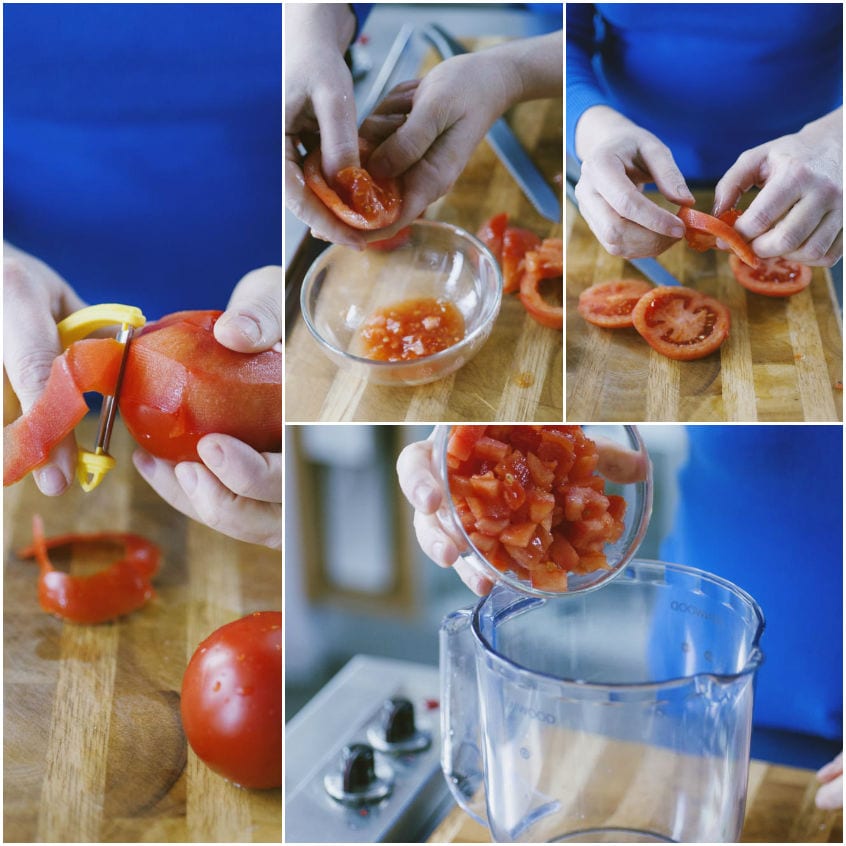 Sequenza di pelatura, taglio e sminuzzatura dei pomodori versati poi nel bicchiere del frullatore