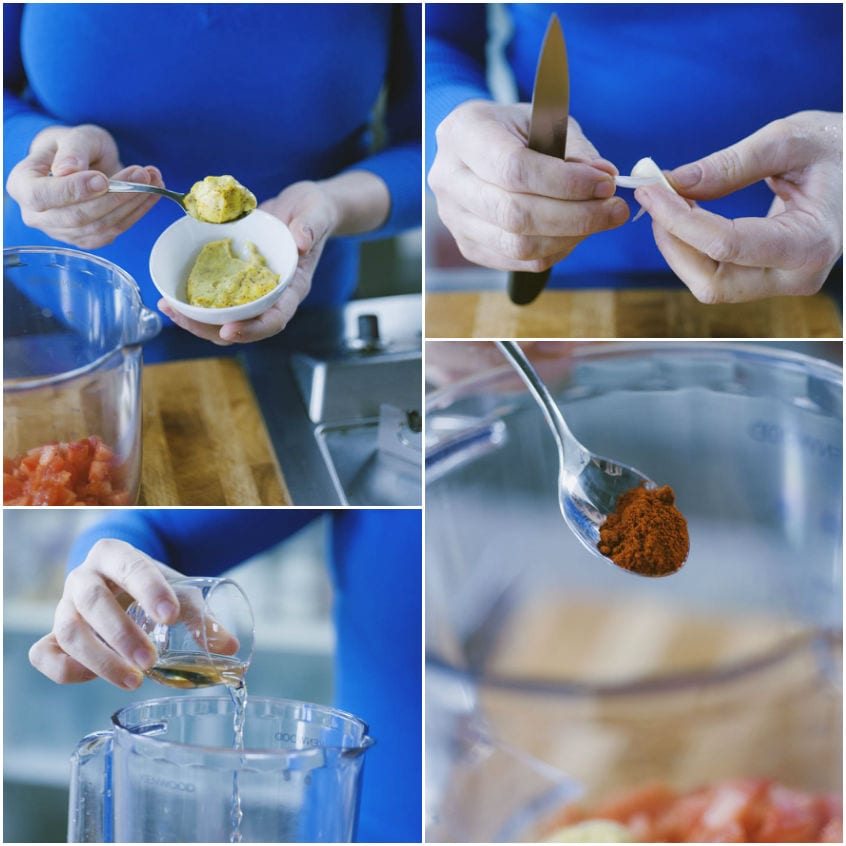 Preparazione della maionese al pomodoro con senape, aglio, paprika affumicata e aceto nel frullatore