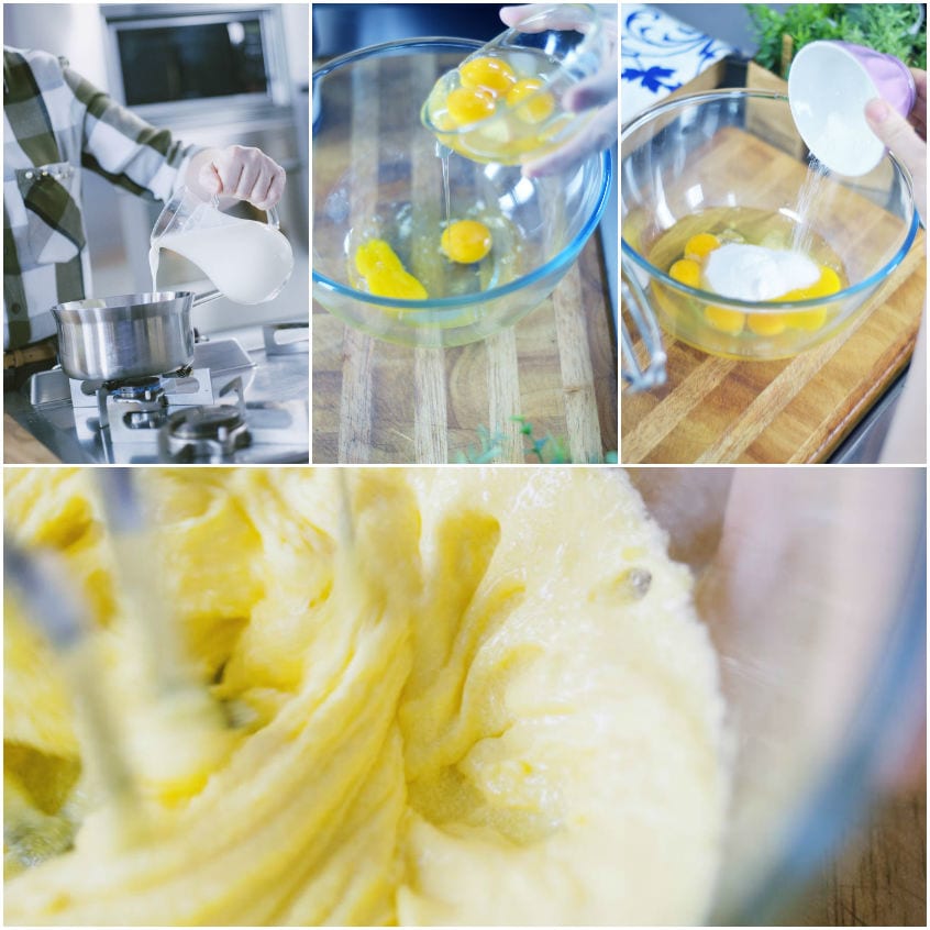 Uova e zucchero montati con le fruste fino a diventare una crema chiara e spumosa