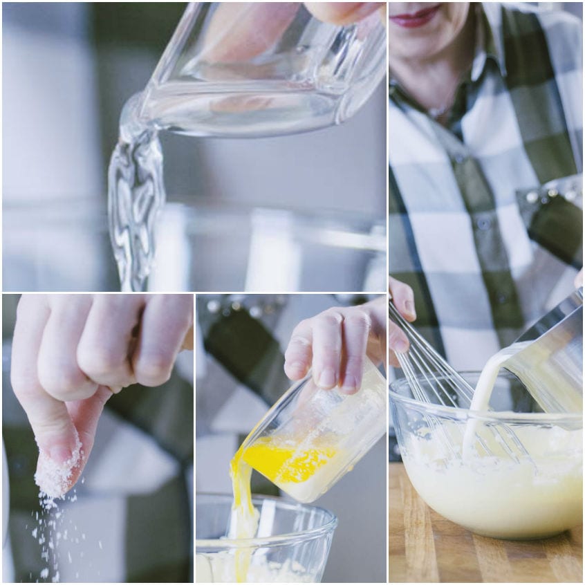 Sequenza di preparazione con acqua, sale, burro fuso e latte versati mentre si sbatte l'impasto