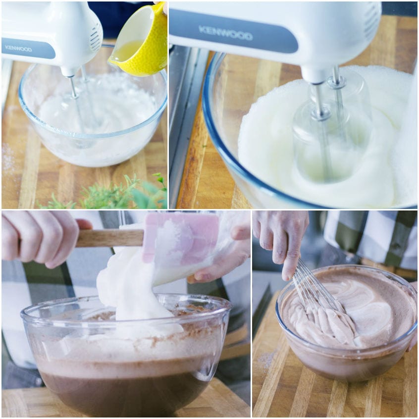 Albumi montati a neve incorporati con una spatola nel composto al cacao della torta magica