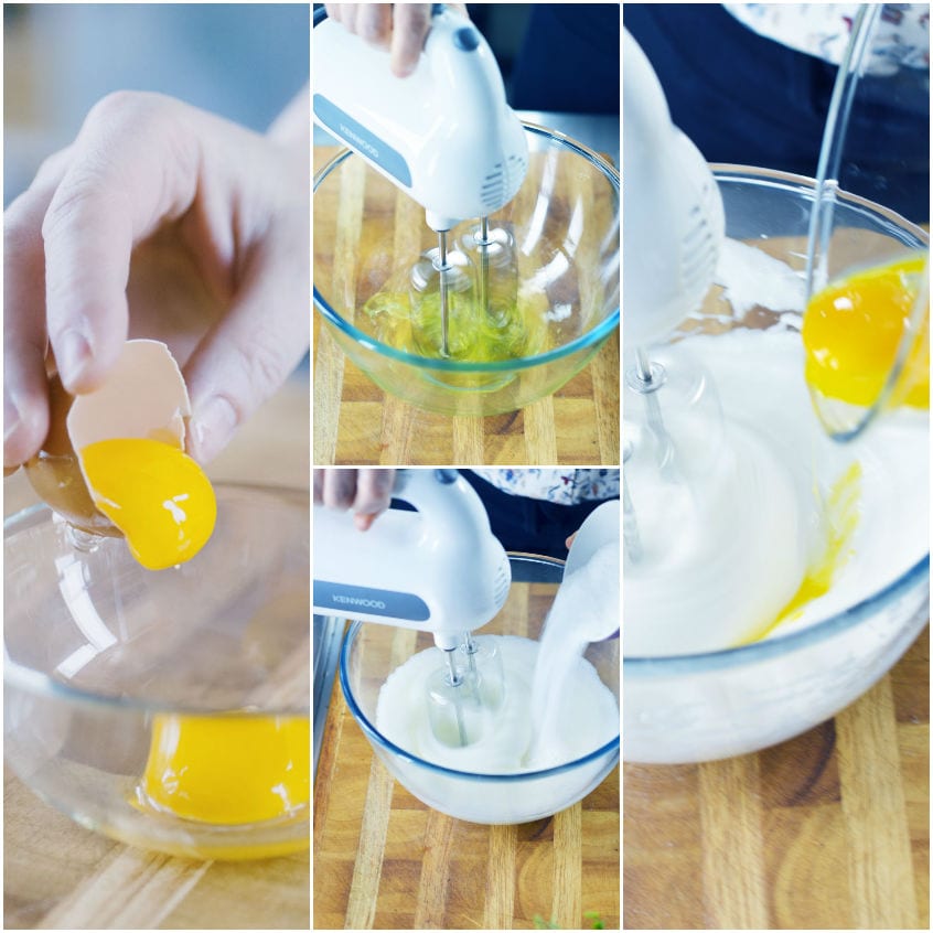 Separazione dei tuorli dagli albumi e montatura con fruste elettriche fino a ottenere una meringa soda