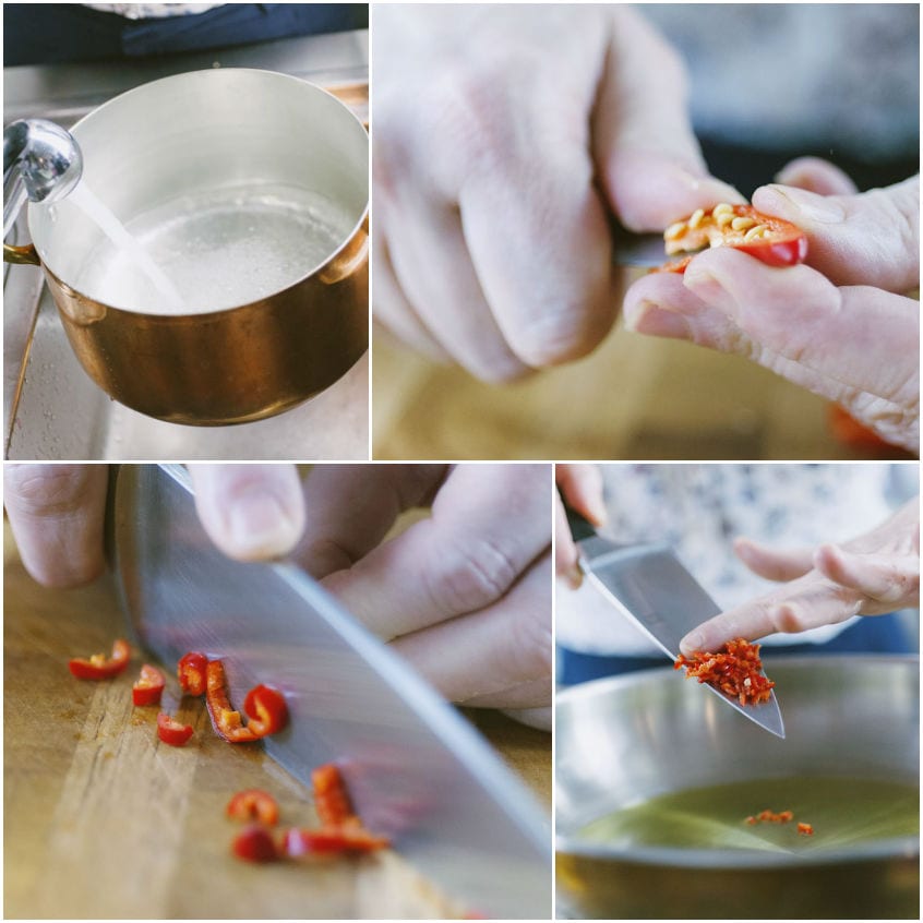 Peperoncino privato dei semi, tagliato a rondelle e fatto rosolare nell'olio in padella