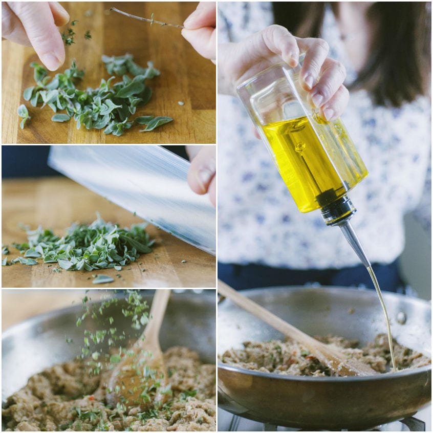 Erbe aromatiche tritate versate nel condimento a base di tonno, poi olio versato in padella
