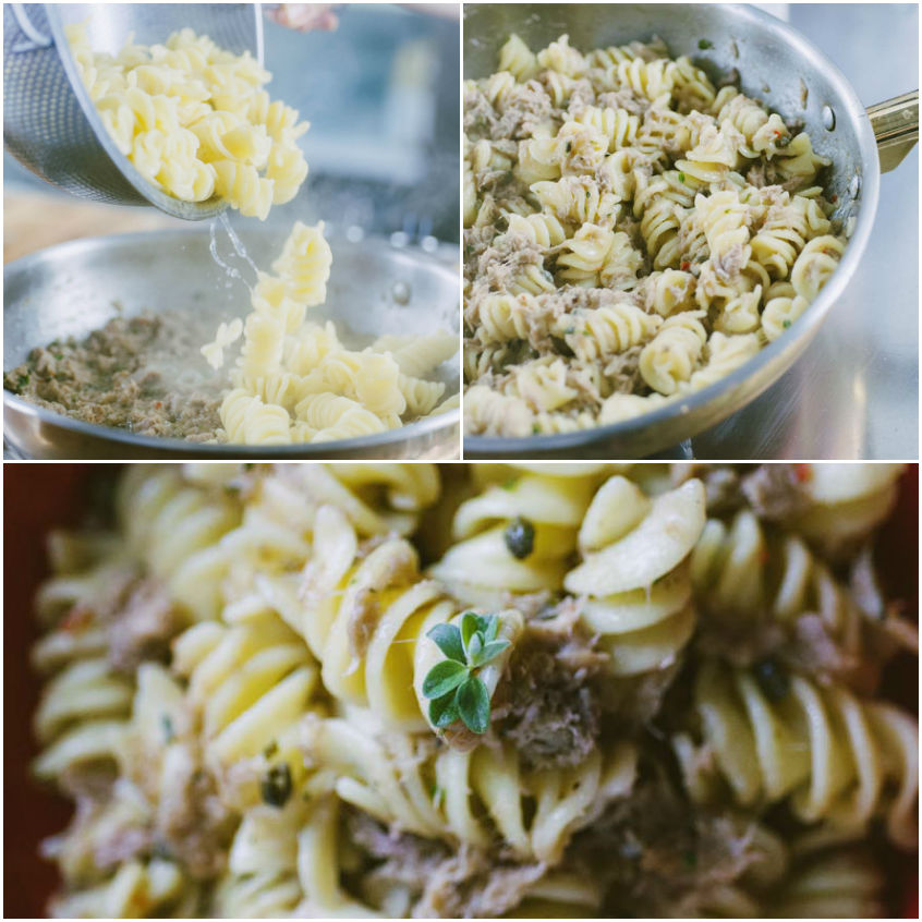 Fusilli scolati e uniti al tonno in padella, poi mantecati con basilico fresco