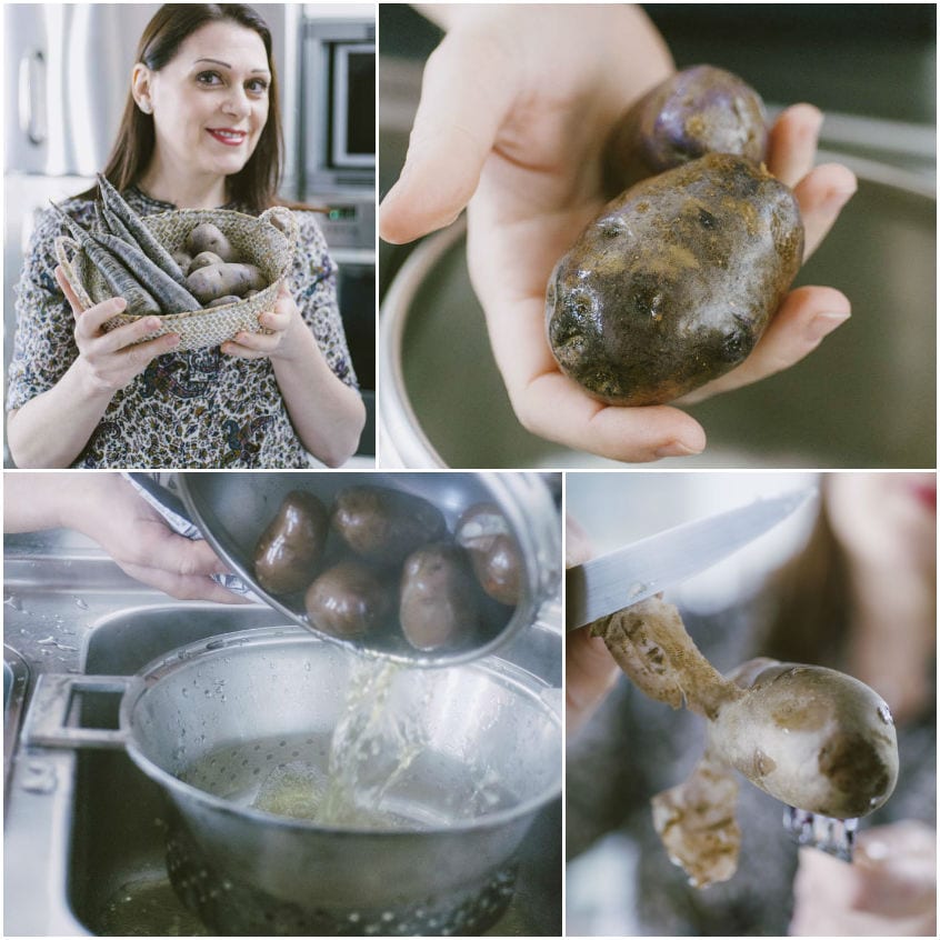 Patate viola lavate, lessate e pelate per preparare gli gnocchi