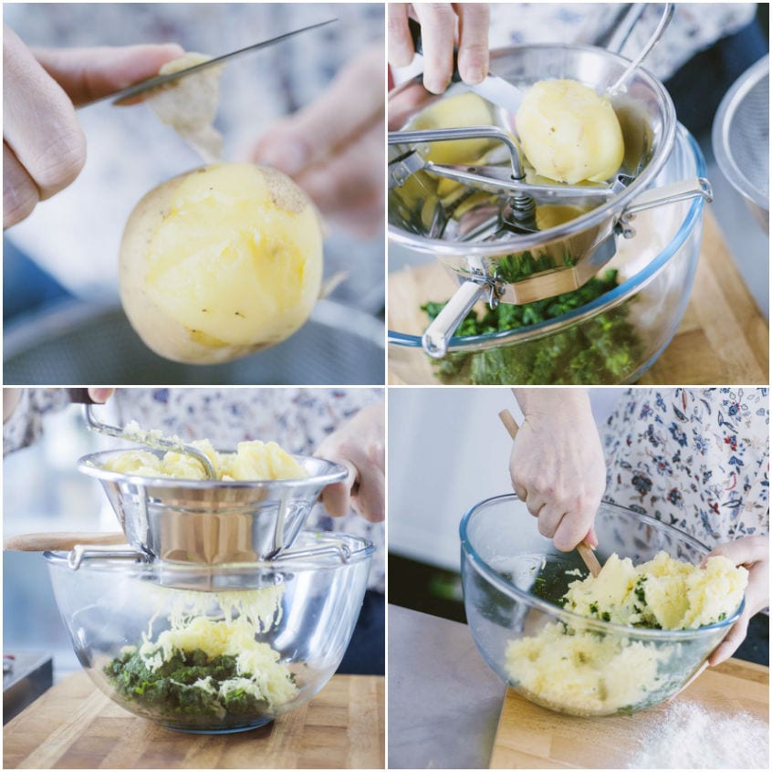 Patate lessate pelate e schiacciate con il passa verdure sugli spinaci, poi amalgamate nell'impasto
