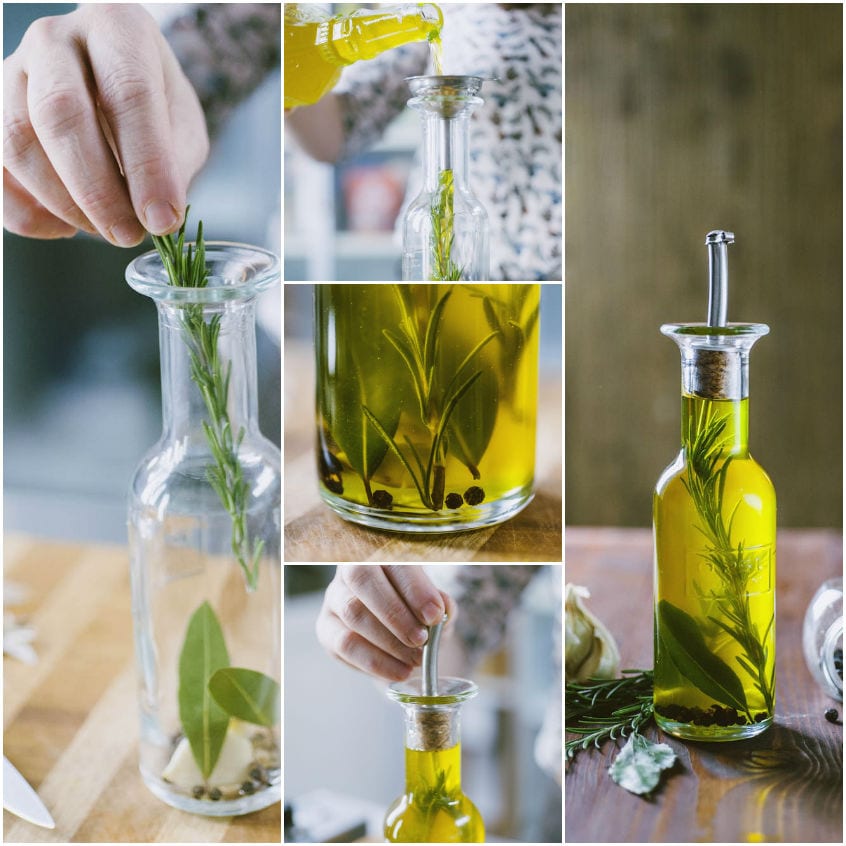 Rametti di rosmarino e salvia immersi in olio extravergine d'oliva dentro una bottiglia con tappo dosatore