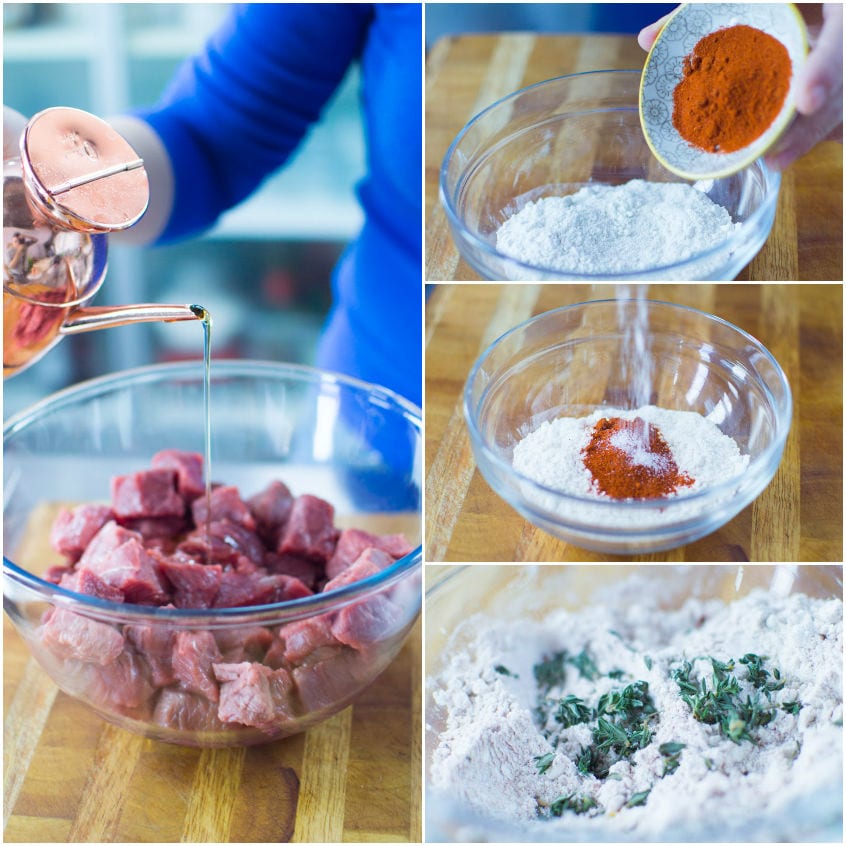 Bocconcini di carne cruda irrorati d'olio, accanto alla farina mescolata con paprika e timo