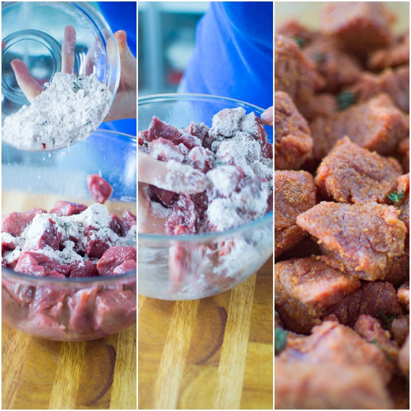 Cubetti di carne infarinati con mix di spezie, mescolati a mano fino a ricoprirli uniformemente
