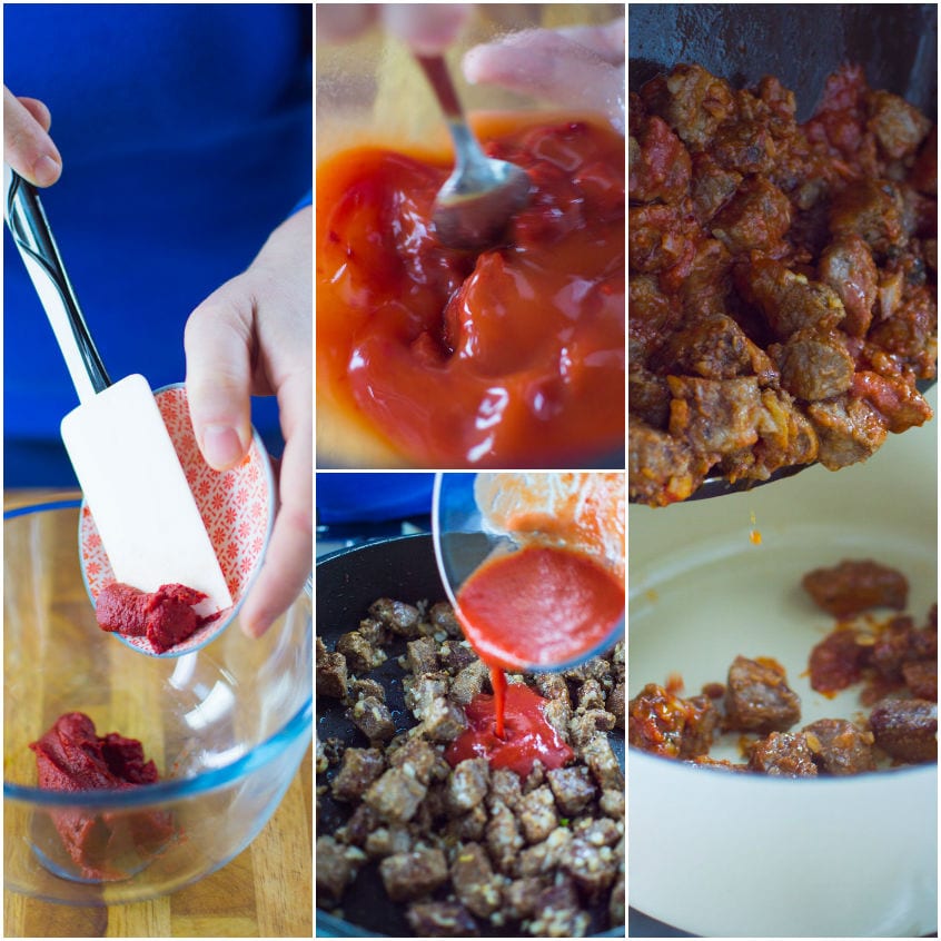 Concentrato di pomodoro stemperato e versato sulla carne rosolata, poi spezzatino trasferito in casseruola