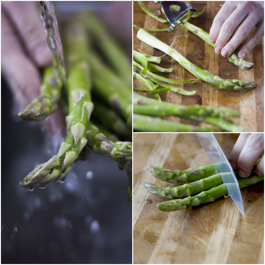 Asparagi verdi lavati, pelati con il pelapatate e tagliati a pezzi sul tagliere