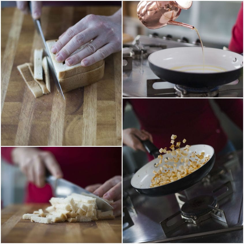 Pane in cassetta tagliato a cubetti e fatto saltare in padella con olio per preparare i crostini