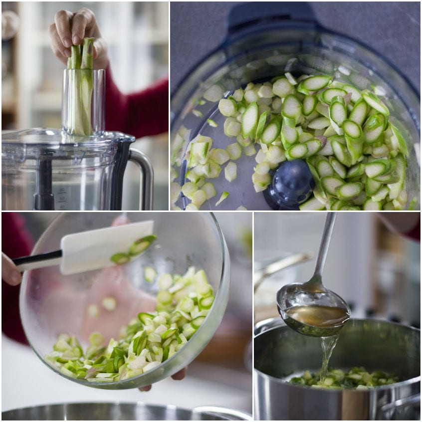 Asparagi affettati nel robot da cucina, poi trasferiti in ciotola e soffritti con brodo vegetale