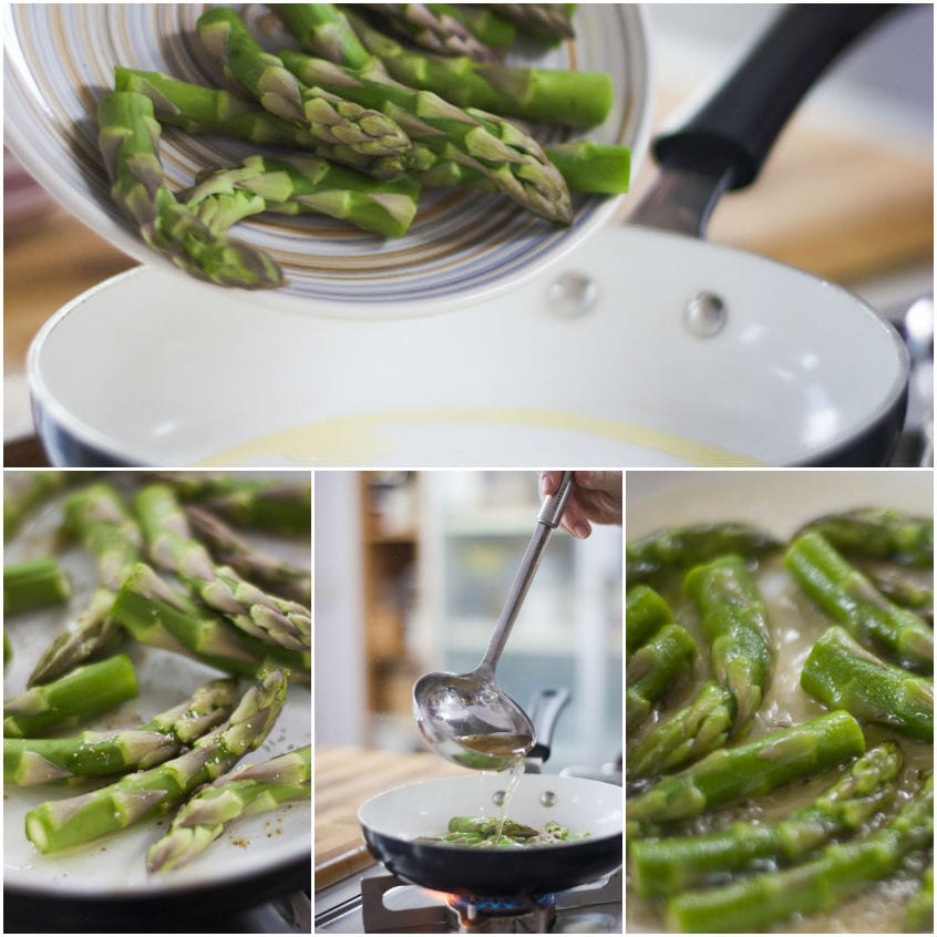 Punte di asparagi versate in padella, poi saltate con brodo vegetale fino a cottura