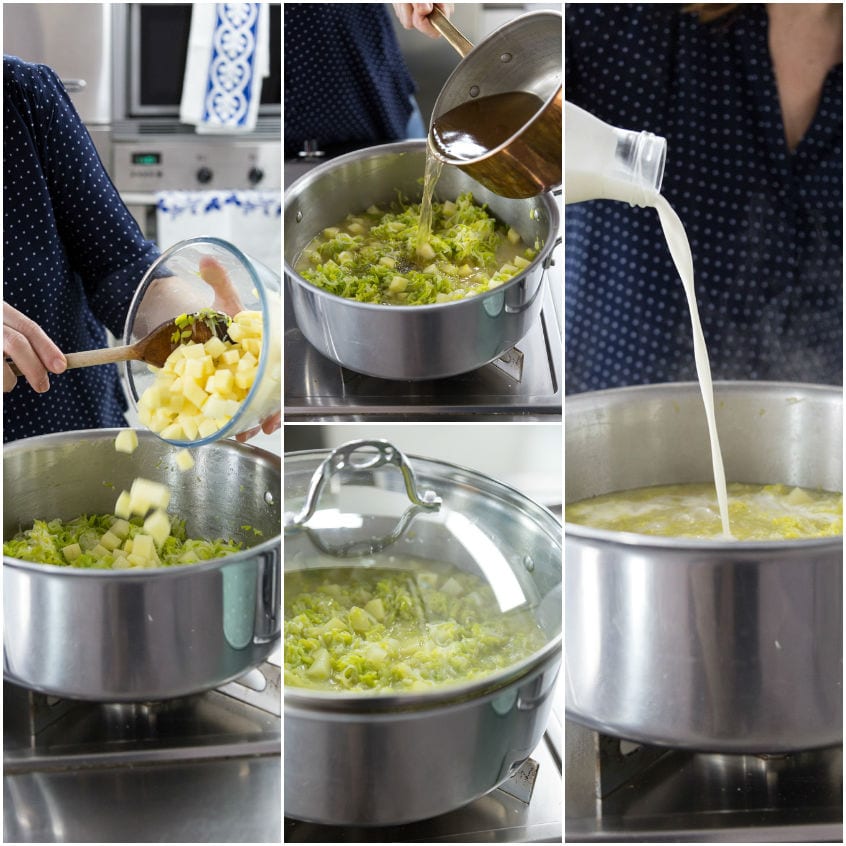 Cubetti di patate aggiunti ai porri, poi brodo e panna versati in pentola per la vichyssoise