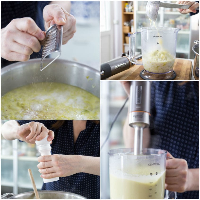 Grattugia di noce moscata sulla zuppa, poi frullatura a immersione fino a crema liscia